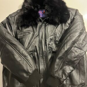 Men's Black Leather Bomber Jacket with Fur Collar